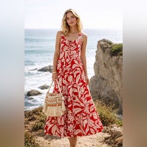 Who What Wear Tropical Floral Lace Up Tiered Maxi Dress, Orange & Cream, Size S